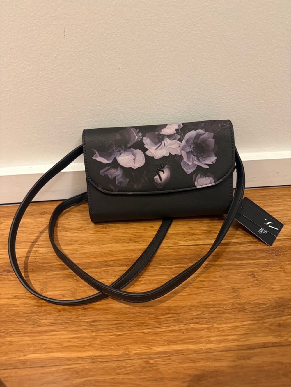 Floral Accent Black Crossbody Bag with Lavender Blooms